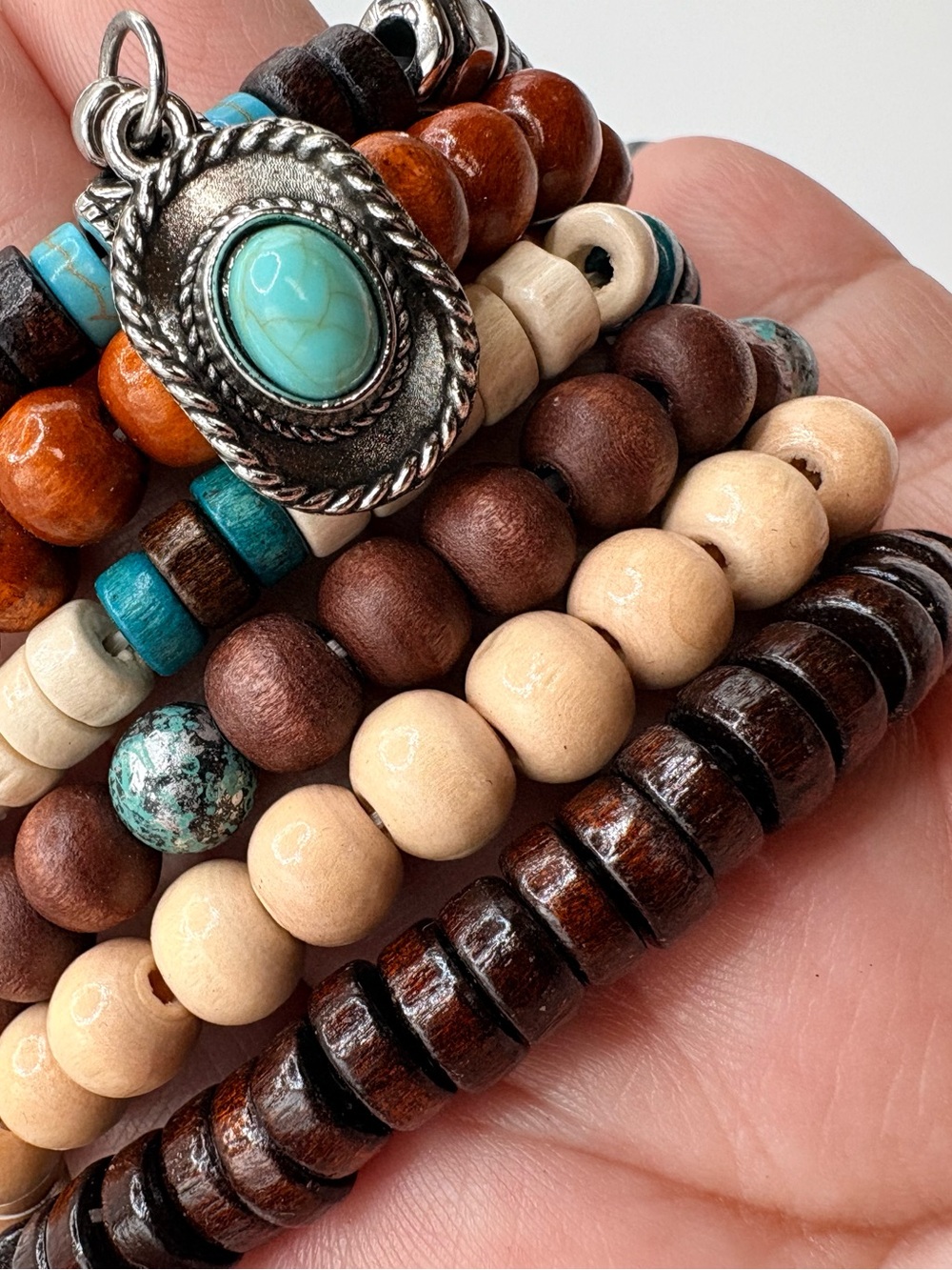 Random Beaded Bracelet Set - BOJO STYLE Neutral Wood Turquoise Accents set of 6
